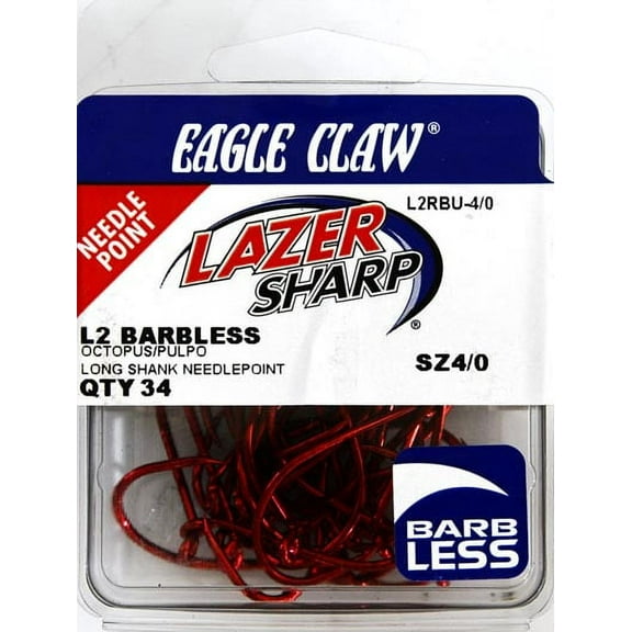 Lazer Sharp L2RBUH-4/0 Barbless Long Shank Octopus Hook, Red, Size 4/0, 34 Pack
