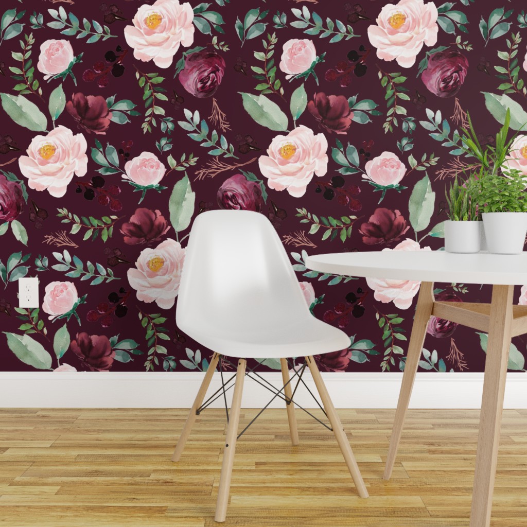 Wallpaper Roll Floral Rose Sprigs Wine Burgundy Flowers Boho Pink 24in