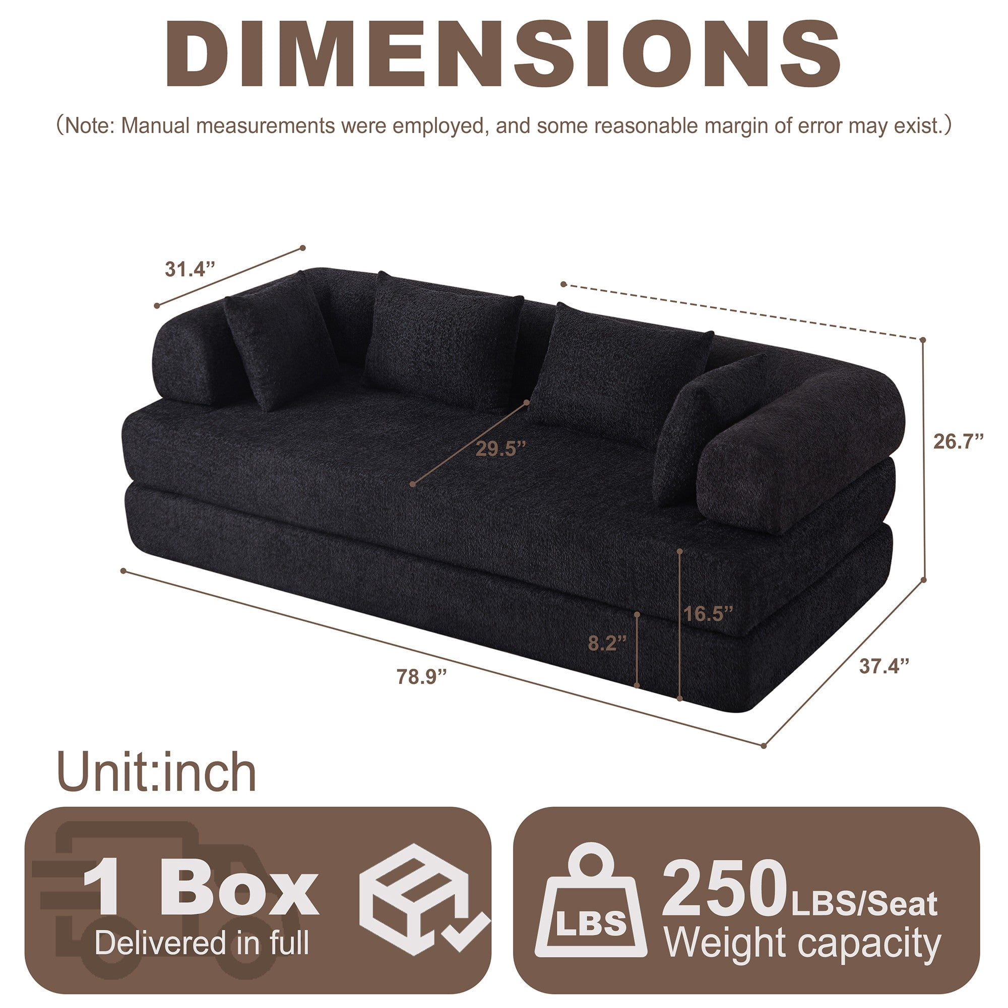 Sailvan 78.9" Convertible Sleeper Sofa, Modular Chenille Folding Mattress Sofa Bed with 4 Pillows, No Assembly Floor Lounge for Living Room Black