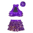 thumbnail image 4 of Alvivi Girls Sequins Dance Performance Outfits Sleeveless Halter Crop Top Skirt with Hair Band Set Purple 11-12, 4 of 5