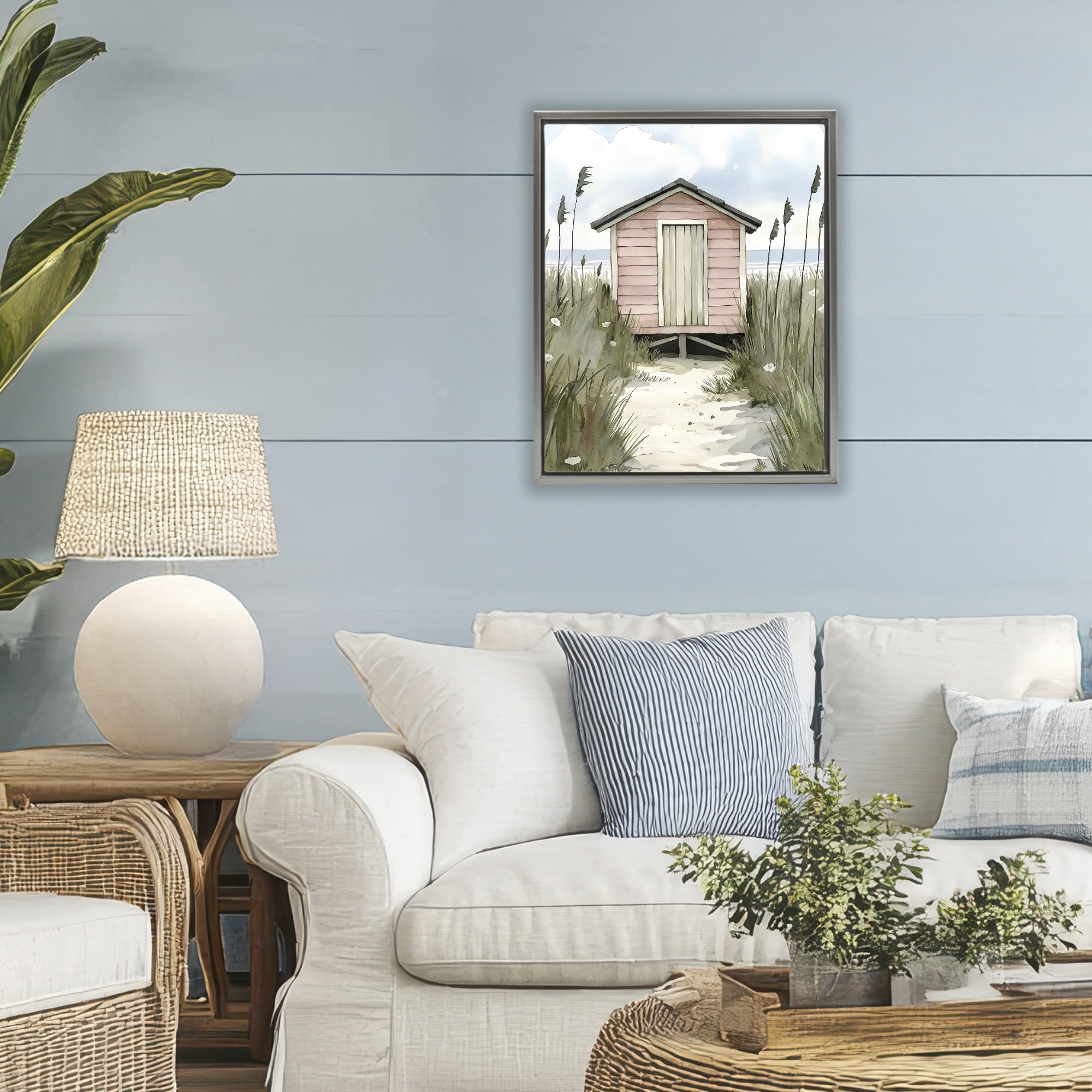 Stupell Industries Coastal Calm Pink Beach Hut Gray Framed Floater Canvas Wall Art, design by Riley B
