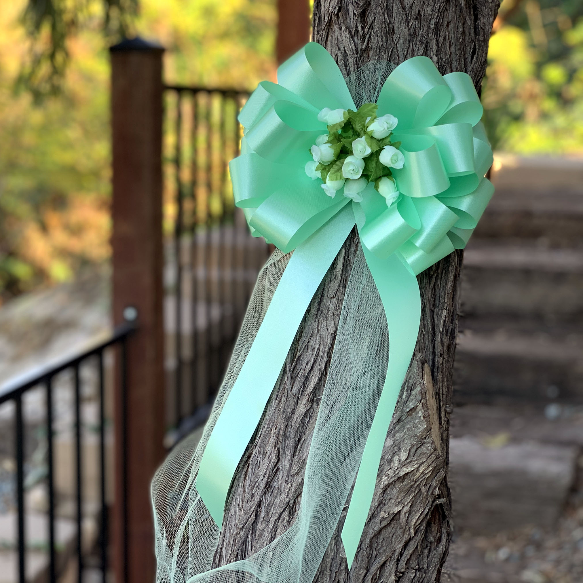 Mint Green Pull Bows with Tulle Tails and Rosebuds - 8" Wide, Set of 6, St. Patrick's Day, Wedding Pew Bows, Aisle Decoration, Reception, Anniversary, Christmas