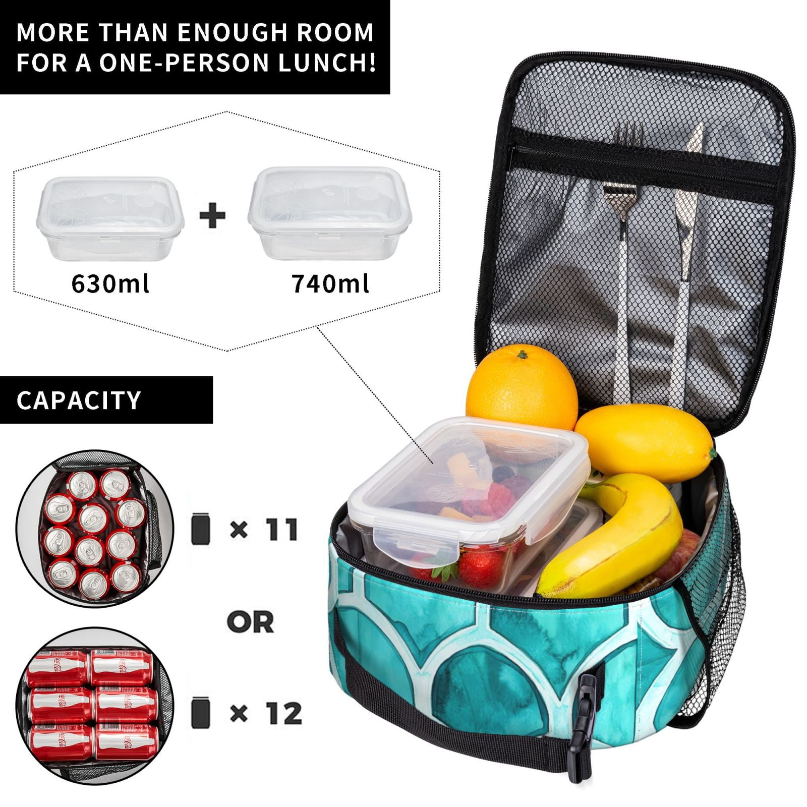 Lunch Bag For Women Men Insulated Portable Lunch Box Bento Box Office Picnic Travel Cooler Bag Turquoise Moroccan Trellis Hand-Drawn Sketch_2