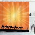 thumbnail image 1 of Oasis Shower Curtain, Camels on a Background of Sunburst, Fabric Bathroom Set with Hooks, 69W X 70L Inches, Vermilion Pastel Yellow Charcoal Grey and Pale Earth Yellow, by Ambesonne, 1 of 2