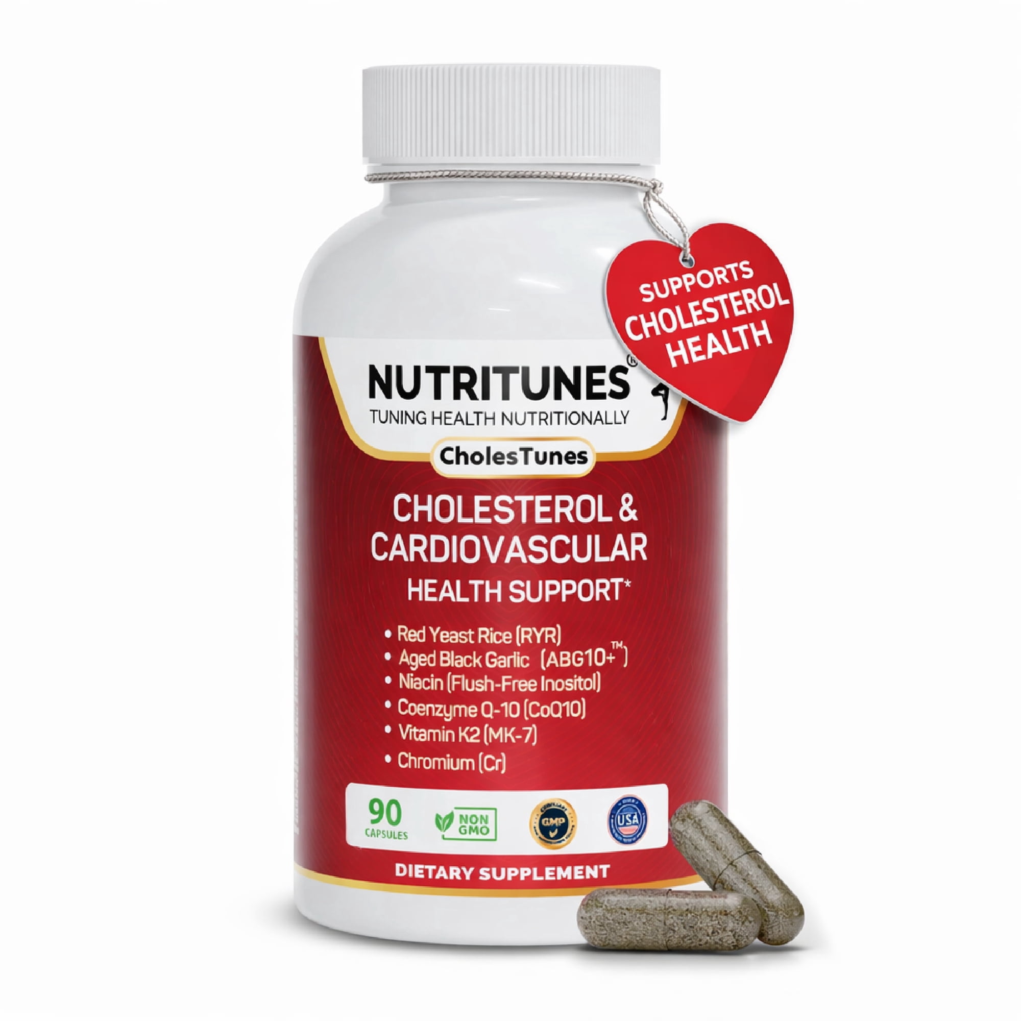 Cholestunes –Cholesterol & Heart Health Support Advanced Supplement Red Yeast Rice (RYR), Aged Black Garlic CoQ10, Niacin (Flush-Free), Chromium & Vitamin K2– 90 Capsules