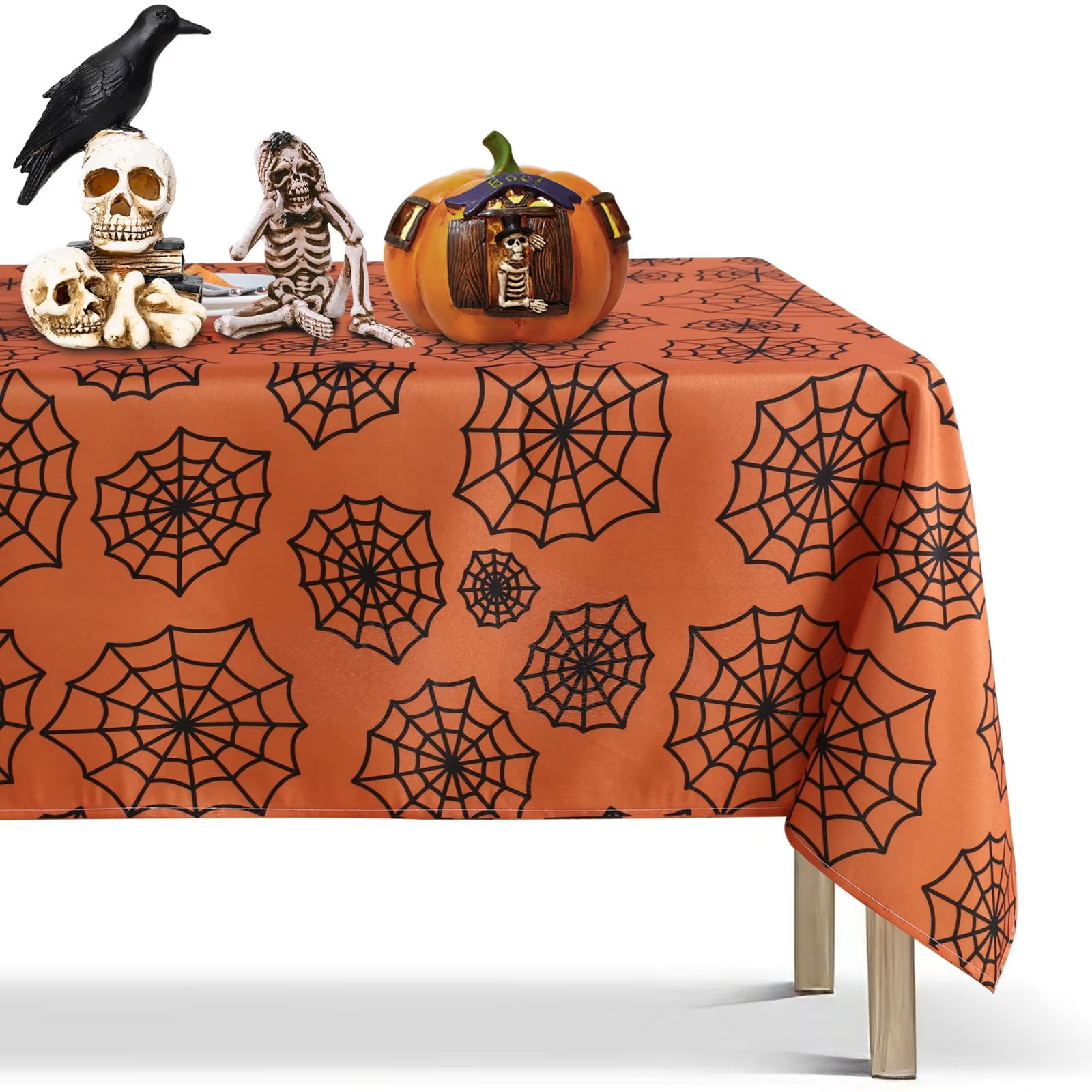 LUSHVIDA Halloween Tablecloth Rectangle 60x102 inch Orange Spider Web