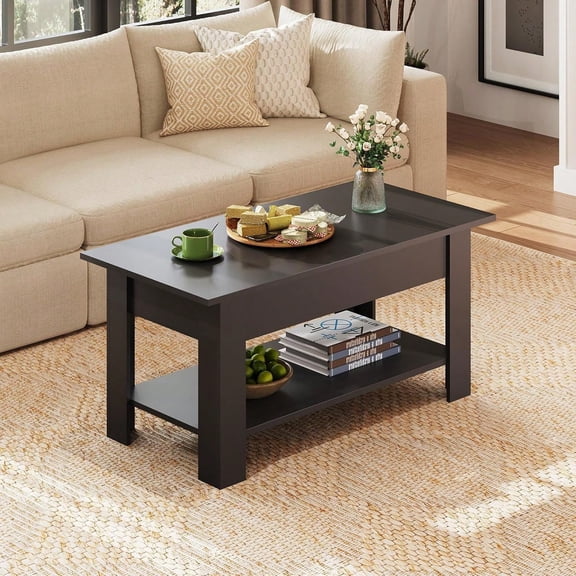 39 Inch Lift Top Coffee Table With Hidden Storage Compartment & Open Shelf, Rustic Wood Coffee Table With Storage For Living Room, Apartment & Home Office