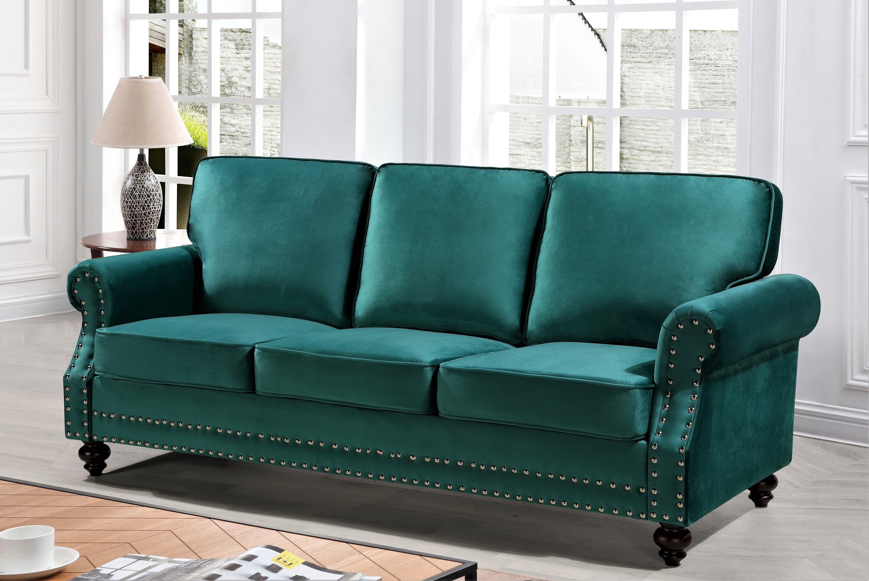 Uspridefurniture Feingold 85'' Velvet Rolled Arm Sofa,Green