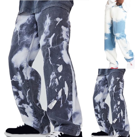 HAPIMO Men's Wide Leg Pants Loose Jeans Clearance Holiday Mid Waist Dipdye Trendy Trousers Casual Relaxed Punk Athletic Dungarees Blue L