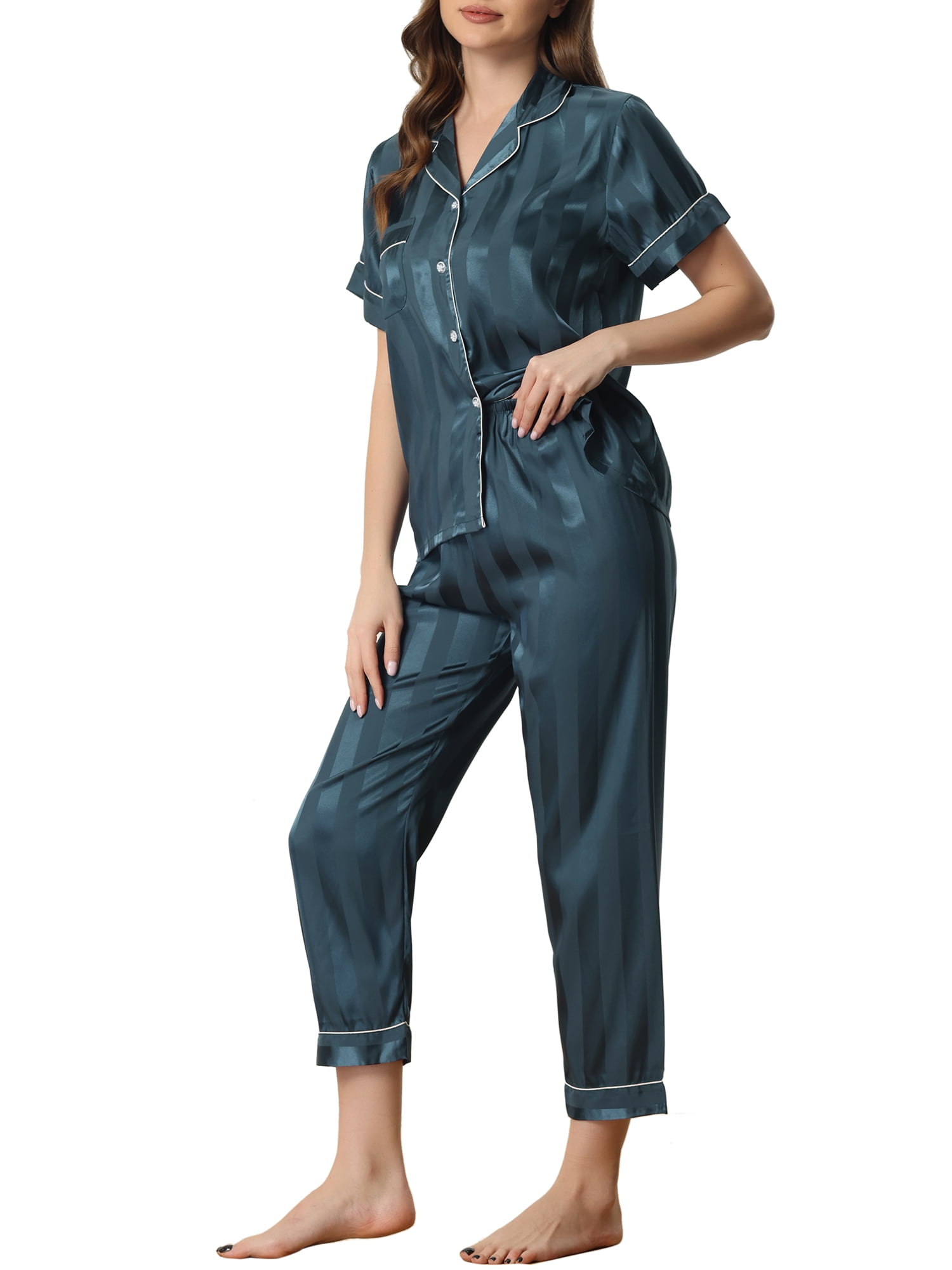 Unique Bargains Womens Satin Button Down Short Sleeve Long Pants Pajama Set L Blue