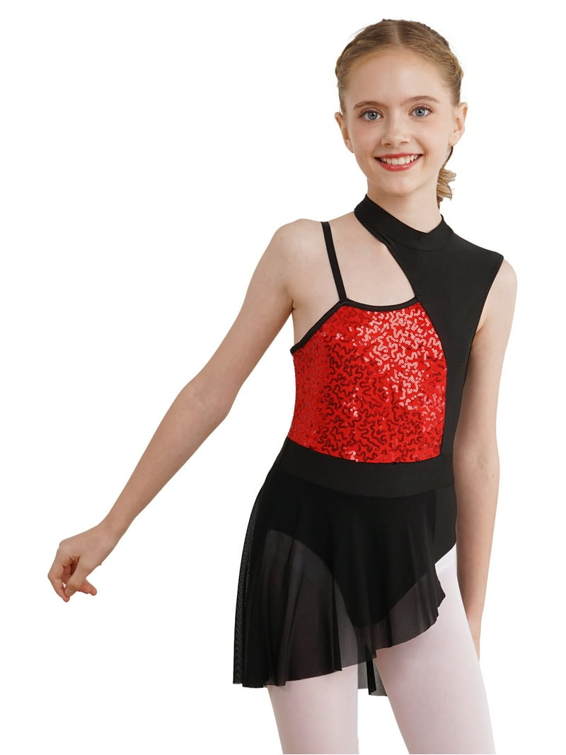 CHICTRY kürjurk voor kunstschaatsen voor kindermeisjes, met strass, glitter, rolschaatsjurk, langarm, dansbody, kleurblok, patchwork tricot met wikkelrok, danskleding, Donkerblauw, 146-152