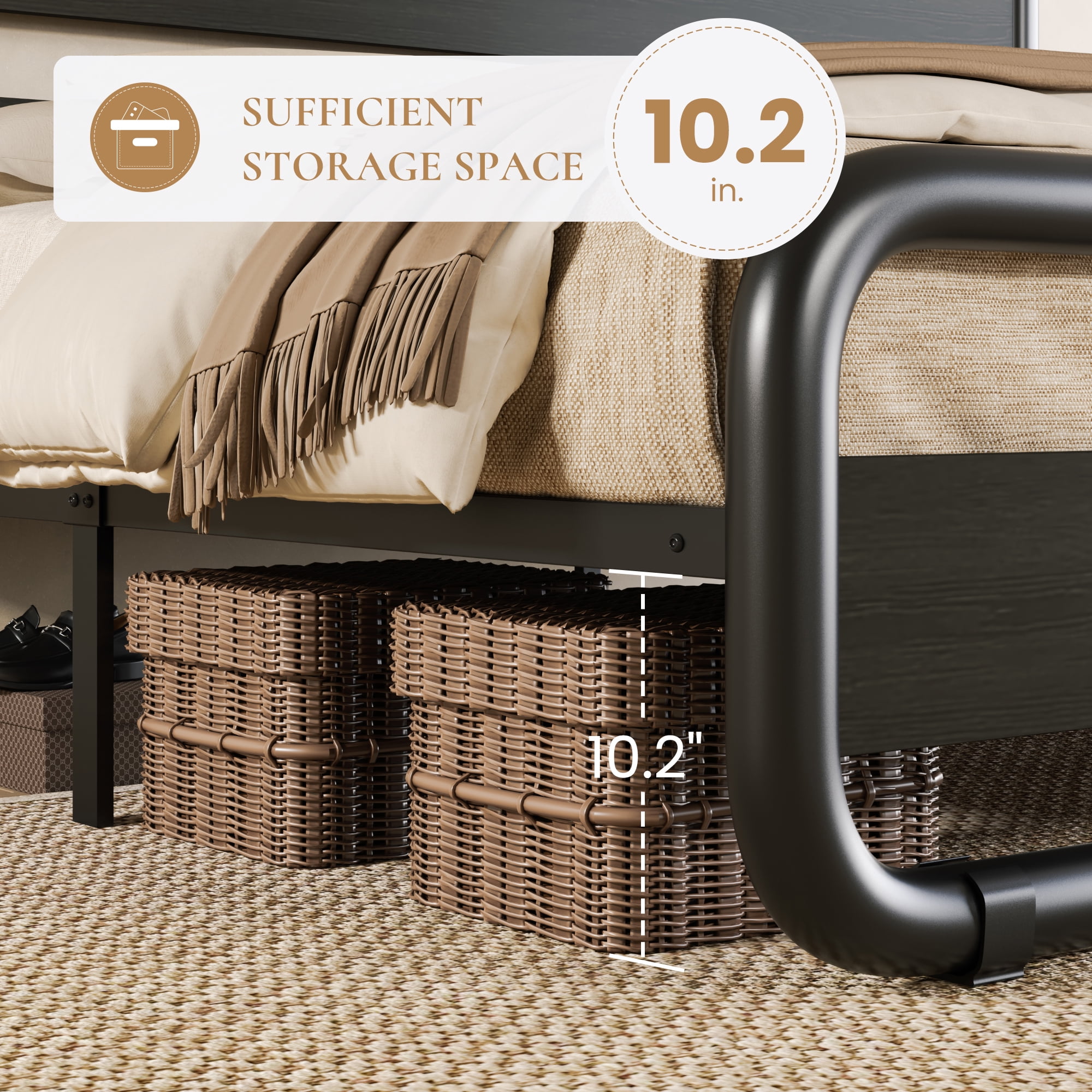 SHA CERLIN Full Size Metal Bed Frame with Wooden Headboard and Footboard, Heavy Duty Oval-Shaped Platform Bed Frame with 10" Under-Bed Storage, Noise Free, No Box Spring Needed, Black