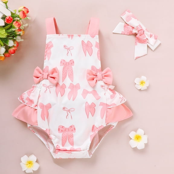 ZEHJUHAN Baby Girls' Ruffle Sleeveless Halter Romper Headband Set, Bow Print Summer Outfit with Snap Closure Pink,0-6M
