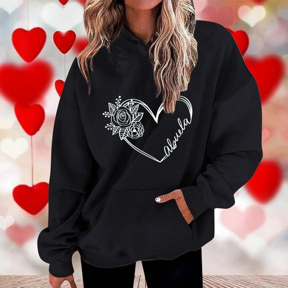 2024 New Casual Long Sleeve Sweatshirts Clearance Sale Womens Fashion Casual Valentines Day Printing Long Sleeve Tops Hoodie Sweatshirts Fall Outfits, Black XXXL