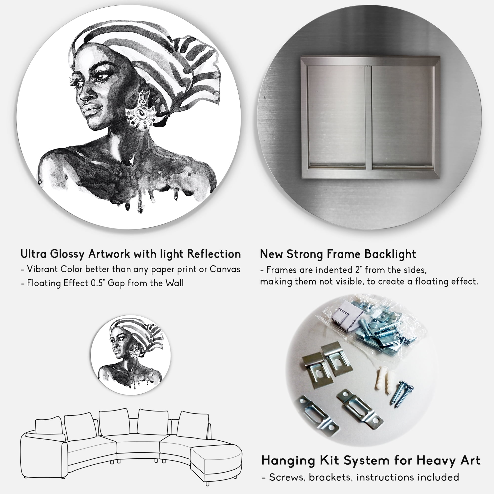 Designart 'Portrait of Afro American Woman XII' Modern Circle Metal Wall Art 23x23 - Disc of 23