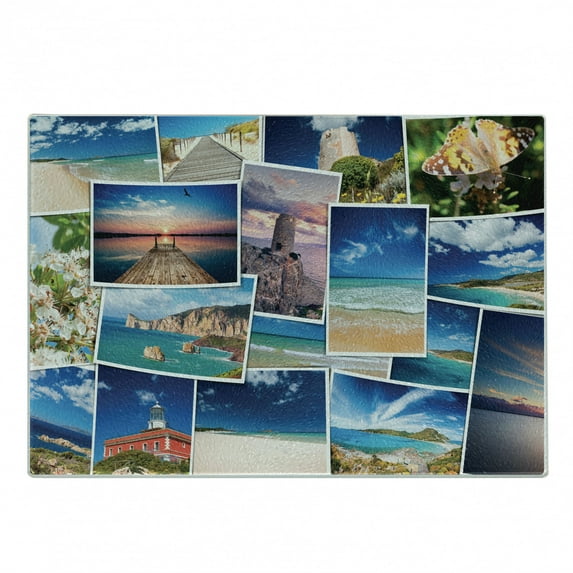 Collage Cutting Board, Seaside and Nature Traveling Photos Sunny Sand Beaches and Close up Butterfly, Decorative Tempered Glass Cutting and Serving Board, in 3 Sizes, by Ambesonne