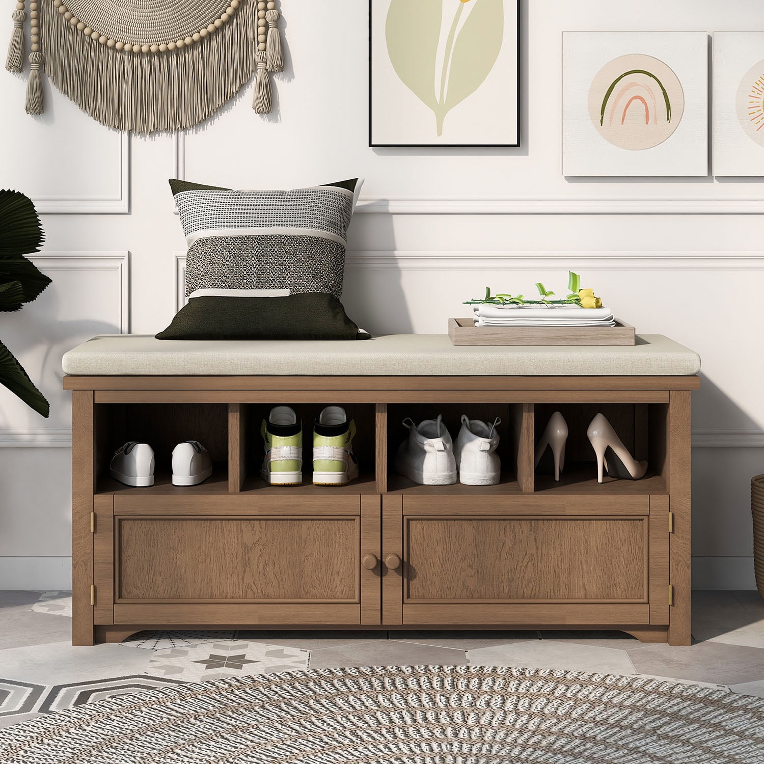 Kadyn Rustic Style Two-Door Storage Bench, Shoe Entryway Bench with Linen Upholstered Top Cushion, Pine Organizer Footrest Bench Ottoman for Entryway, Brown Kadyn Rustic Style Two-Door Storage Bench, Shoe Entryway Bench with Linen Upholstered Top Cushion, Pine Organizer Footrest Bench Ottoman for Entryway, Brown