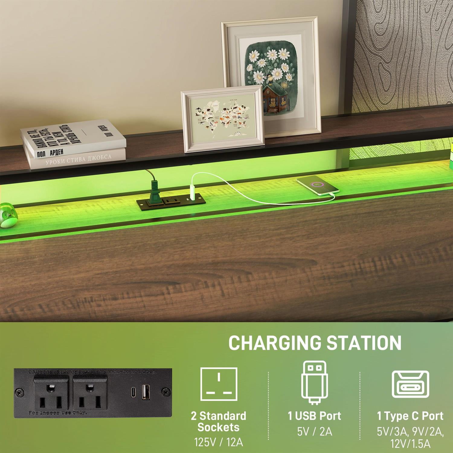 Demi Bonn King Size Bedframe with LED Lighting, Charging Station & Storage Headboard, Silent Noise Reduction for Modern Homes, Walnut