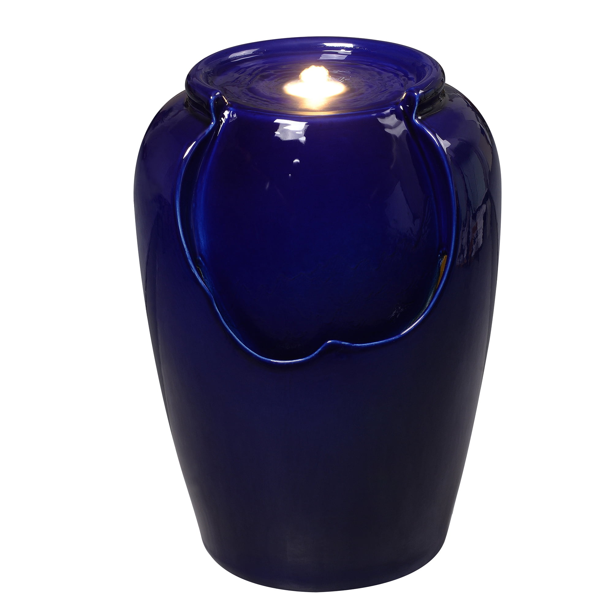 Blue Ceramic Ripple Top Fountain, Decorative Water Fountain with LED Lights and Quiet Pump, Indoor Outdoor Water Feature for Patio, Garden, Deck, Balcony, Office and Home Décor