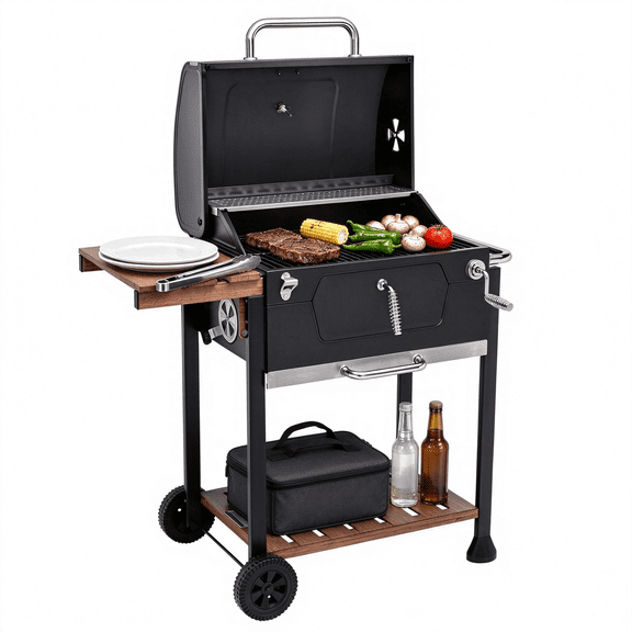 Royal Gourmet CD1824M 24" Charcoal Grill with Handle and Folding Table,Perfect for Outdoor Patio, Garden and Backyard Grilling, Black