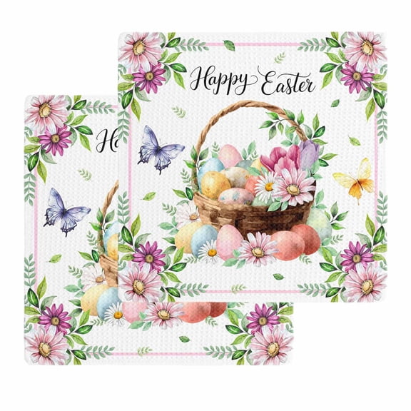 Spring Easter Kitchen Dish Towels for Drying Dishes Set of 2, Colorful Eggs Daisy Flowers Basket Butterfly Waffle Weave Microfiber Hand Tea Bathroom Towels Quick Dry & Absorbent Towel 12x12