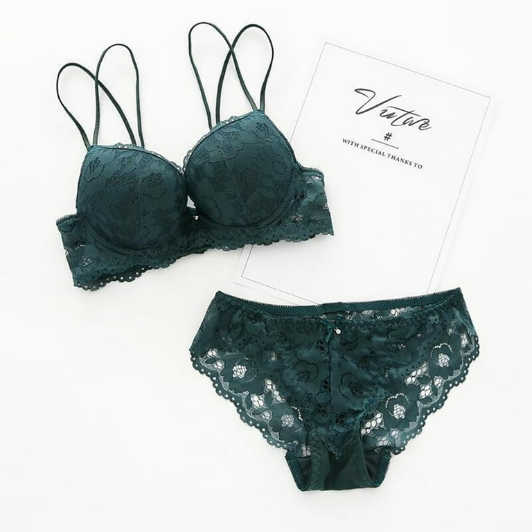Linyer Lace Bra Set Push up Adjustable Girls Underwear Hollow Breathable  Lingerie Dark Green 32/70B