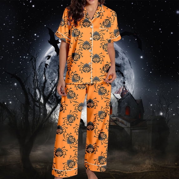 Lounge Sets for Women BWASD Cozy Satin Printed Pajama Set Short Sleeve Top and Pants Home Wear Sleepwear Halloween Autumn Holiday Night for Halloween Funny Gift Orange,XL
