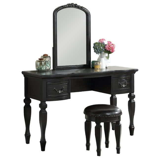 Poundex Furniture Wood Vanity Set with Stool and Mirror in Black