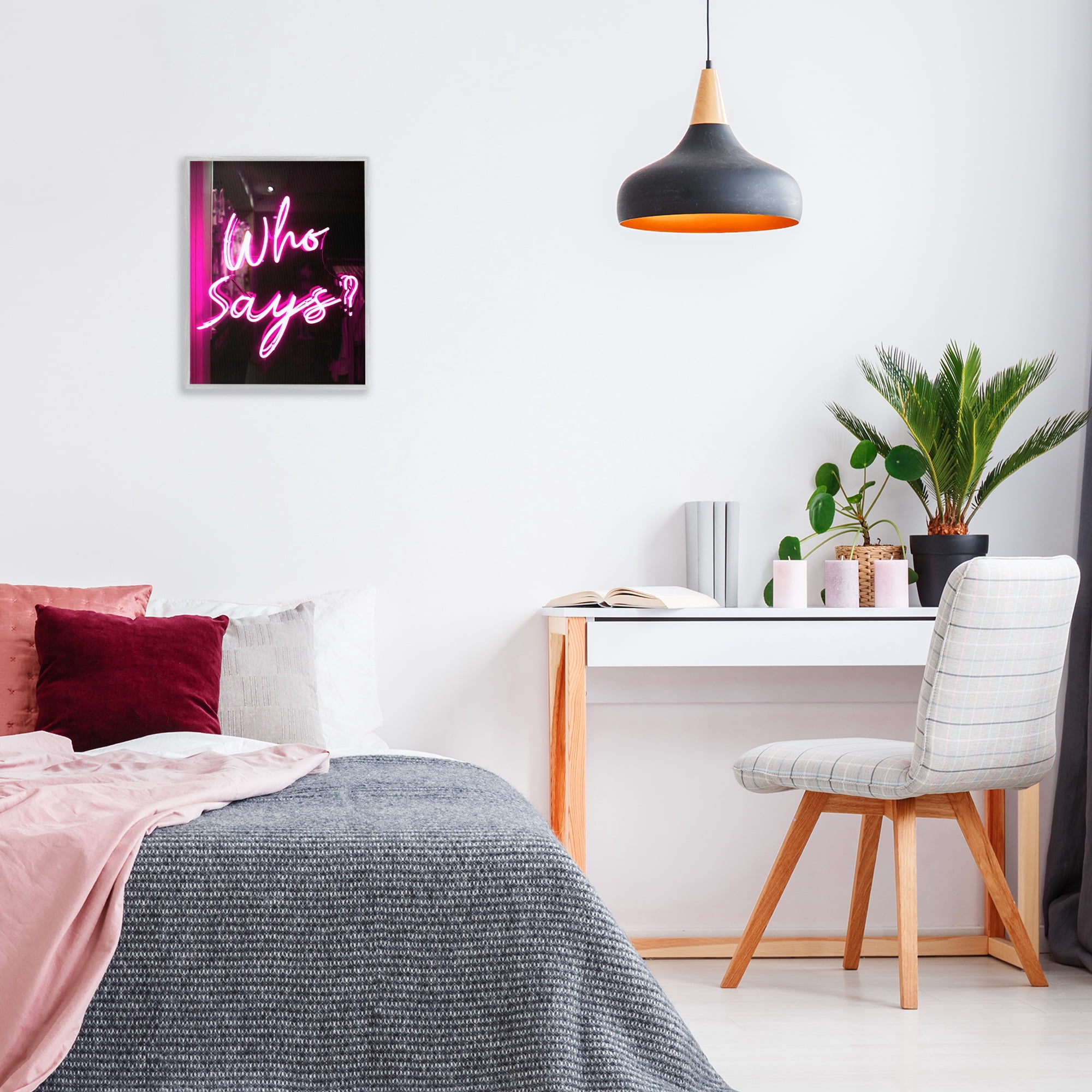 Stupell Industries Pink Neon Who Says Typography Painting Gray Framed Art Print Wall Art, 16 x 20