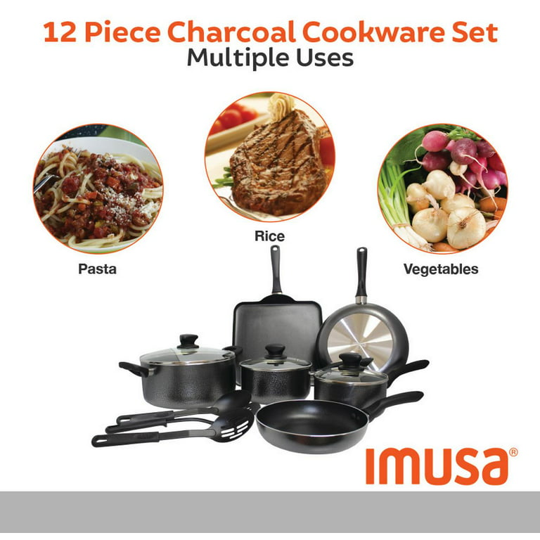 Imusa 12 Piece Hammered Nonstick Charcoal Cookware Set 