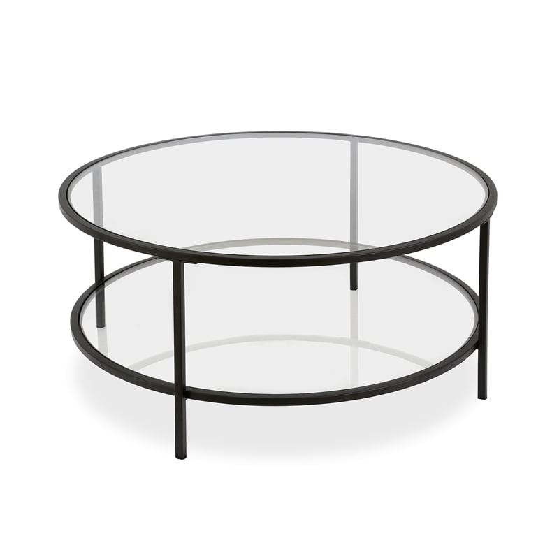 Two Shelf Round Metal Base Coffee Table, Round Black Metal Coffee Table With Glass Top
