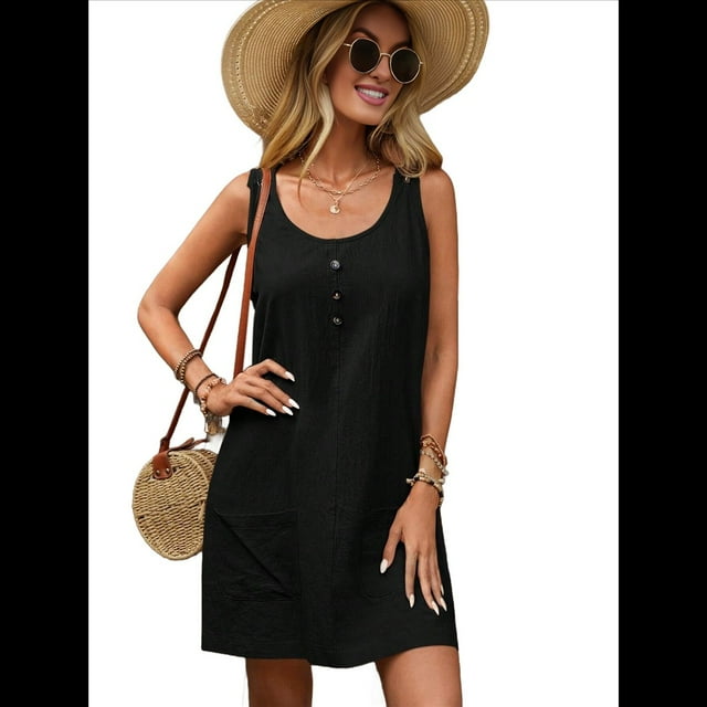 Vestido de Verano para Mujer, Sin Mangas, con Bolsillos, Informal, Corto, Corte A, Cuello Redondo. Negro M