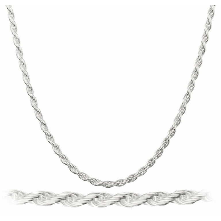 Rope Chain Necklace Sterling Silver Diamond Cut White Gold Look