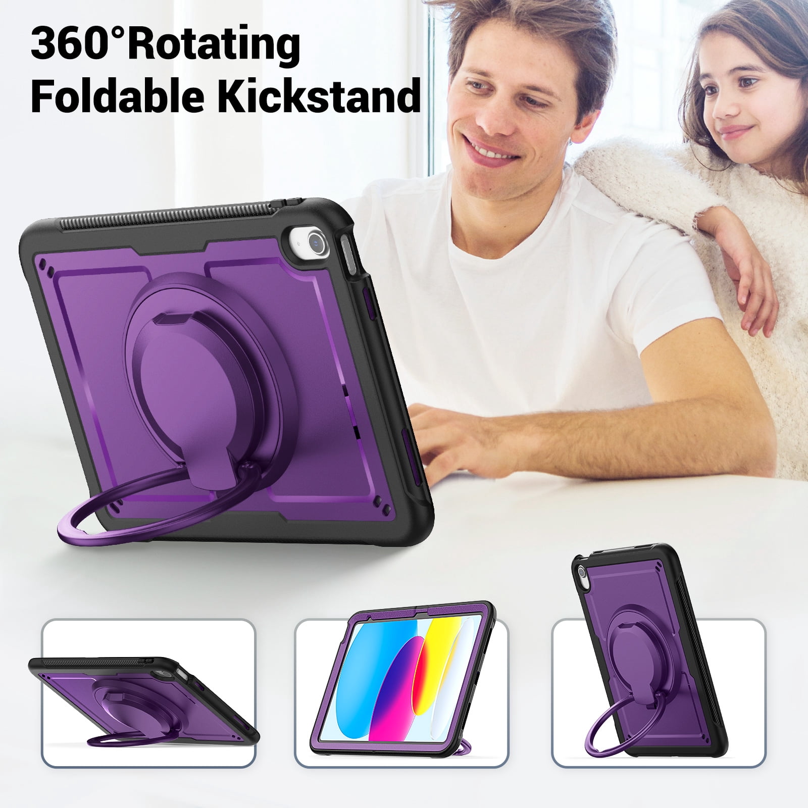 Shockproof Case for Apple iPad 11th 10th Generation 2025 2022, Rugged Hybrid Protective Cover with Pencil Holder & Shoulder Strap Kids Friendly Rotating Stand Case for iPad 11th 10th Gen, Purple