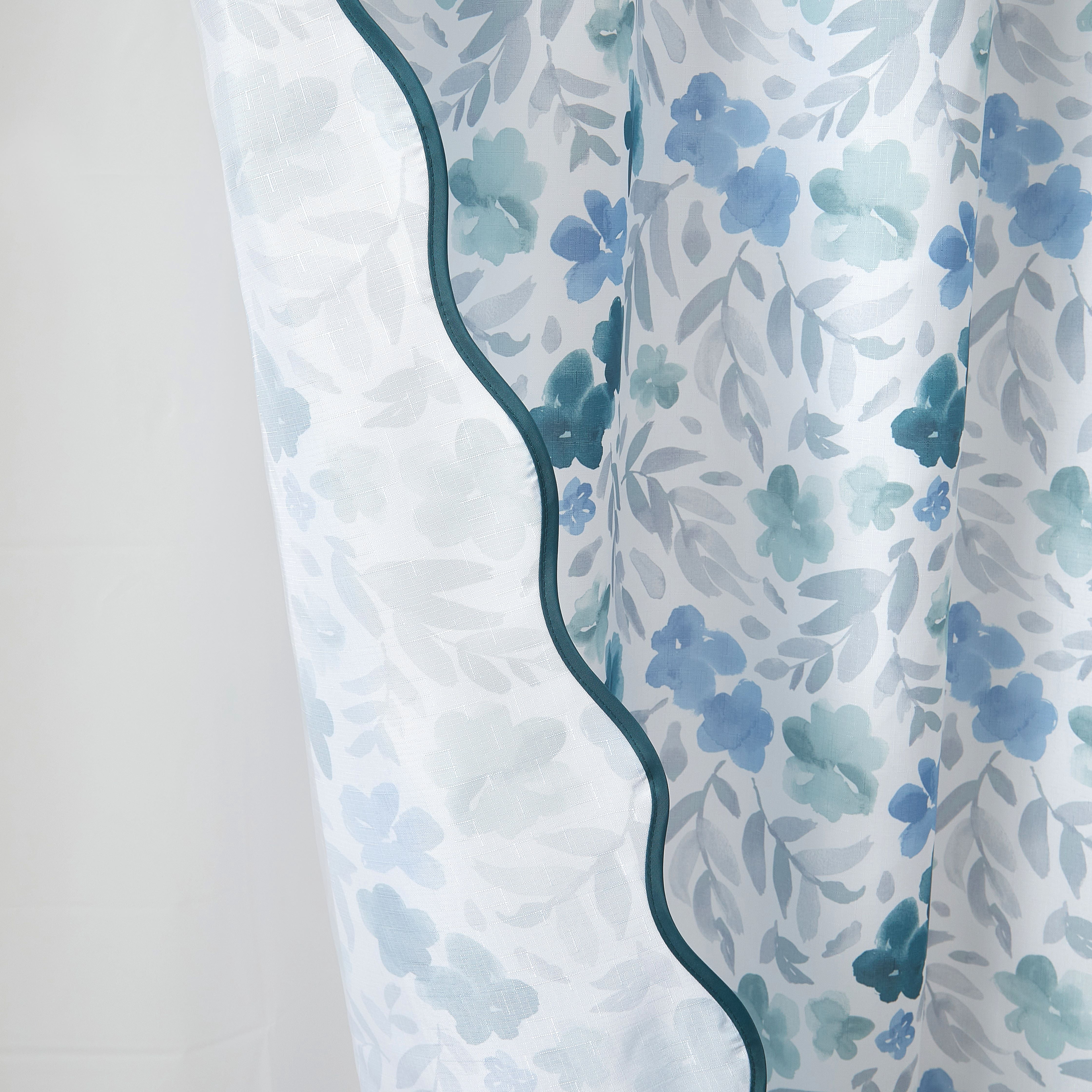Mainstays 14 Piece Green and Blue Floral Scallop Shower Curtain Set – 72" x 72" Faux Linen Fabric, Waterproof PEVA Liner & Metal Hooks, Machine Washable