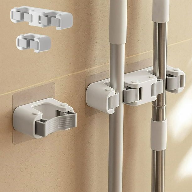 Soporte para fregonas y escobas de pared - Soporte organizador de herramientas de alta resistencia para rastrillos, palas, mangos - Sin soporte adhesivo para taladro, plástico blanco