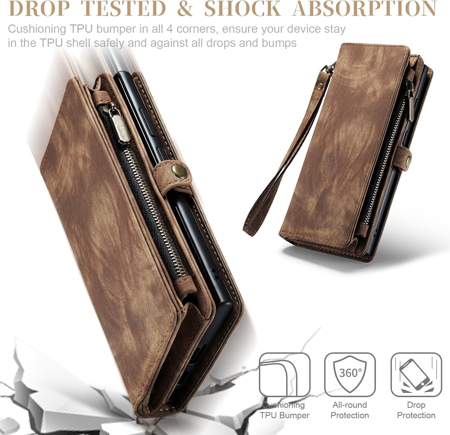 Phone Case for Samsung Galaxy S23 Ultra 5G Zipper Wallet Detachable Cover with Leather Flip Credit Cash Card Holder Mobile Cell Accessories S23Ultra 23S S 23 23Ultra 6.8 inch Women Men Brown