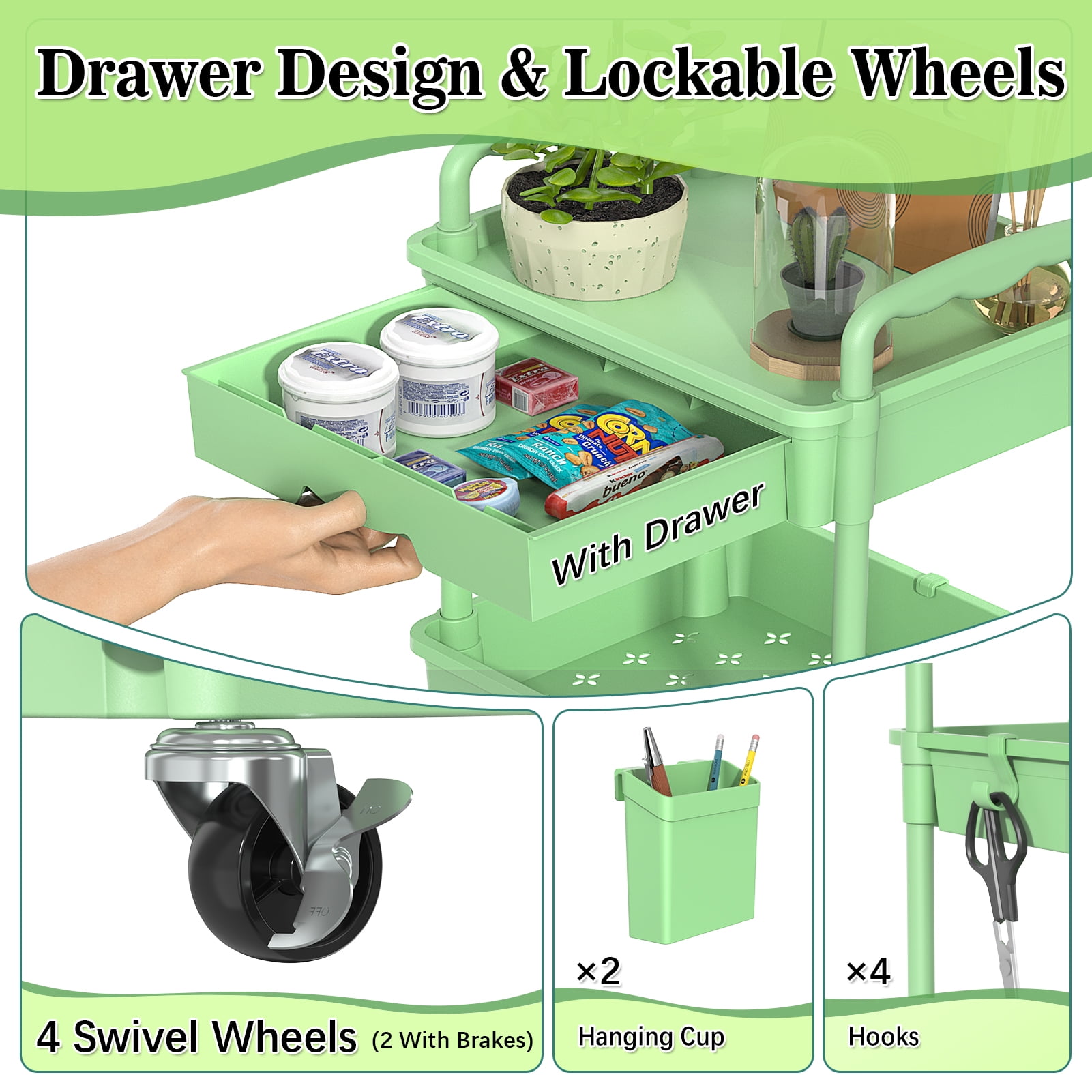 3 Tier Rolling Utility Cart with Removable Drawer, Bathroom Storage Organizer with 2 Lockable Wheels, Mobile Shelving Unit for Kitchen, Office, Snack, Craft, Makeup, Baby Essentials, Green