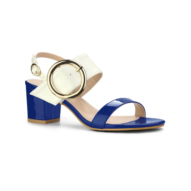 BLISSFUL STEP Slingback Sandals Contrast Color Chunky Heel Big Circle Buckle Sandals Blue White 9