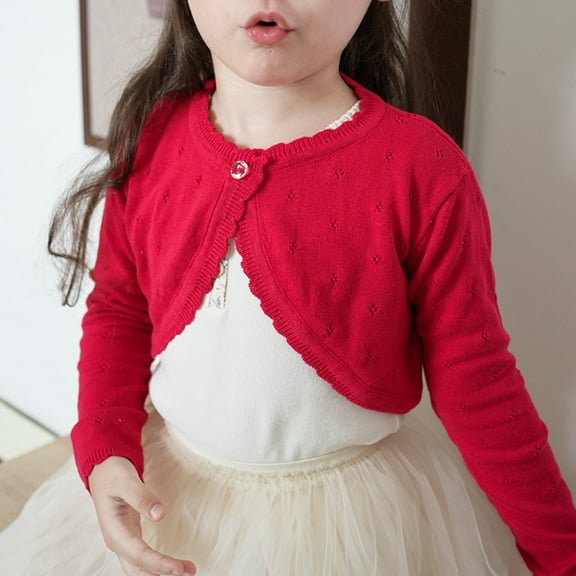 Shrug Cardigan Long Sleeve Toddler Baby Girls Crew Neck Button Closure Crop Knit Sweaters Little Girl Dress Cover-Up, Red, 2 Years