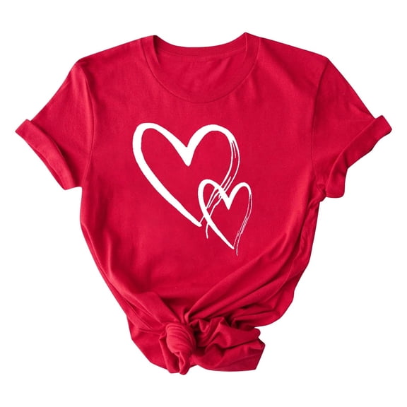 Womens Valentine's Day T-Shirt Red Heart Graphic Tee - Cute Casual Short Sleeve Crewneck Tops with Comfort Stretch Fabric, Gift for Her,Size S