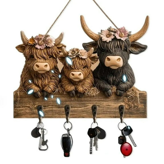 Chanana Highland Cattle Ornaments Key Holder for Wall Mount 2D Bullhead Animal Wooden Towel Key Hooks Coat Hanger with 4 Hooks Cow Wall Decorative Rack for Entryway Hallway Farmhouse