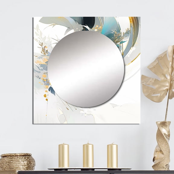 Designart "Mosaic Echoes in Turquoise and Gold II" Cubism Square Mirror For Wall Decor - Large Turquoise Square Printed Wall Mirror Art - Wall Mounted Square Large Mirror