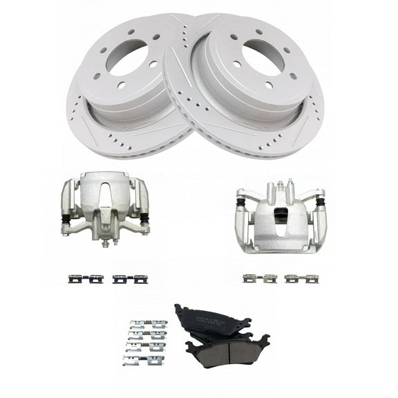 TRQ Rear Performance Brake Pad & Rotor Kit Brake Caliper Brake Pads Brake Rotors Set Ceramic Premium G-Coated Fits Select 2012-2016 Ford F-150