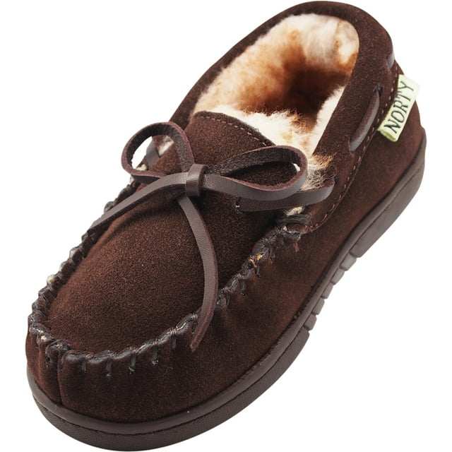 NORTY Toddler Boys Girls Unisex Suede Leather Moccasin Slippers Chocolate Brown
