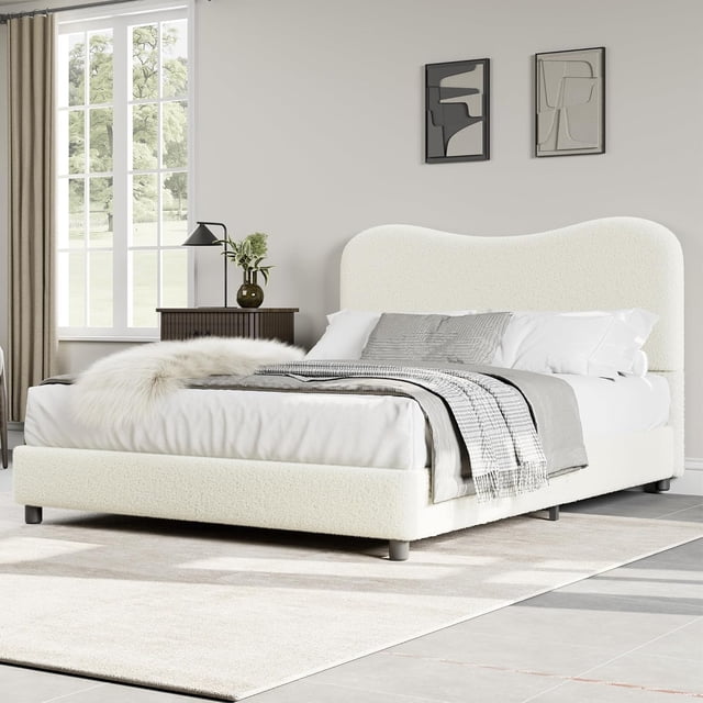 Ourlova Beige Boucle Bed Frame with Upholstered Headboard, designed with a soft low-profile platform and rounded corners for a modern look. Features heavy-duty wooden slats for noise-free stability and boucle fabric for a sophisticated texture. The no-gap headboard ensures comfort and prevents mattress movement. Queen size bed displayed in a contemporary bedroom with neutral decor, ideal for modern bedroom furniture enthusiasts.