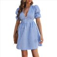 thumbnail image 3 of Vestido Midi con Estampado de Cuadros Retro para Mujer, Cuello en V, Corta, Volantes, Informal, Abotonado Azul L, 3 of 9