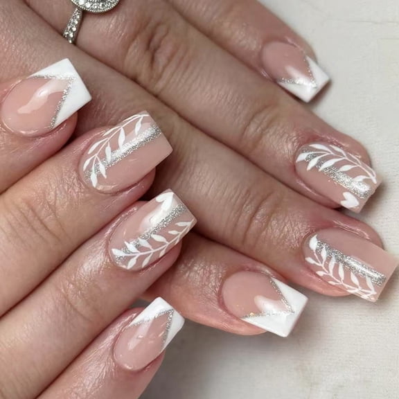 Zeiwohndc 24Pcs Shinys White Glitters Square Press On Nail French Short Fake Nail