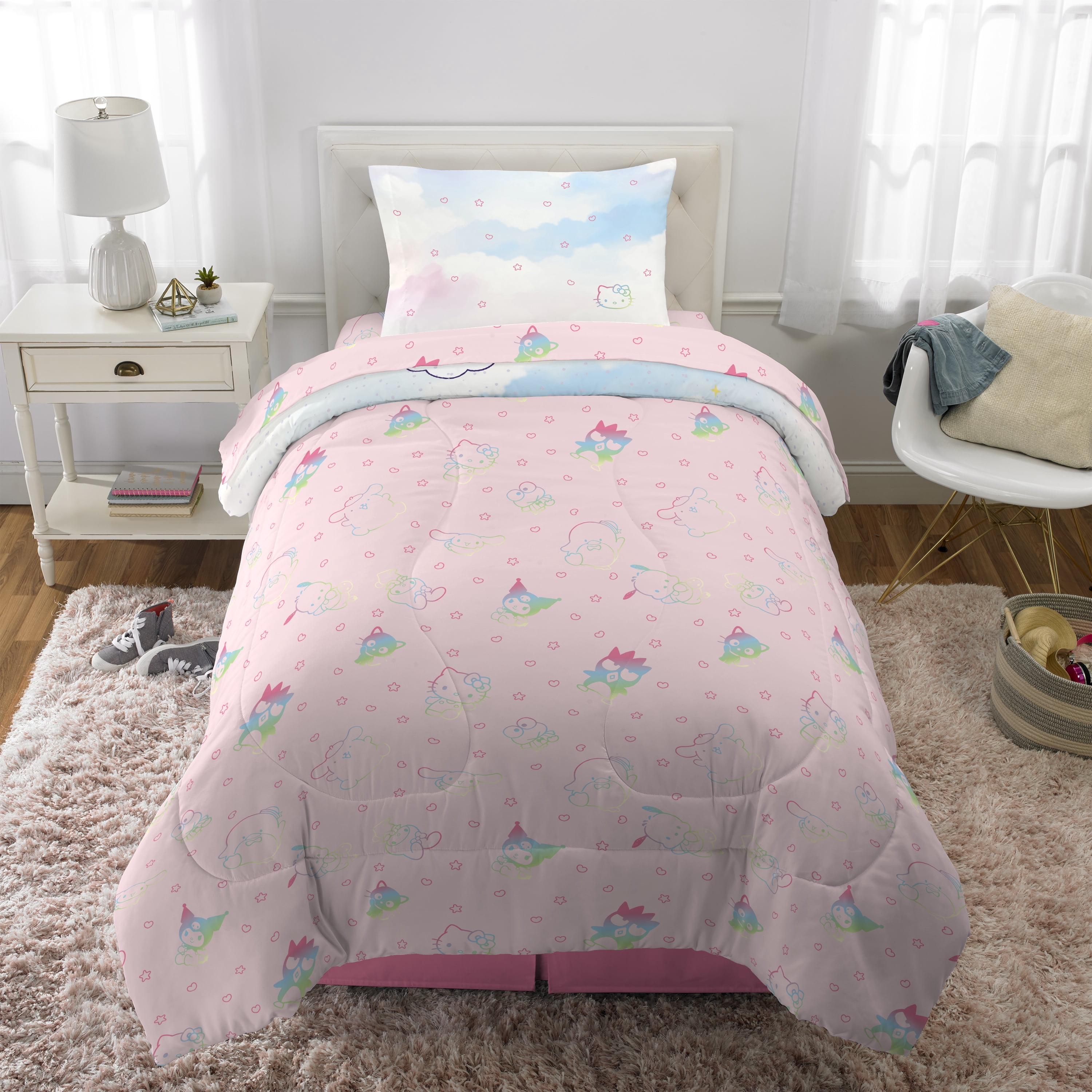 Hello Kitty and Friends Kids 4 Piece Reversible Comforter, Bed in a Bag, Twin