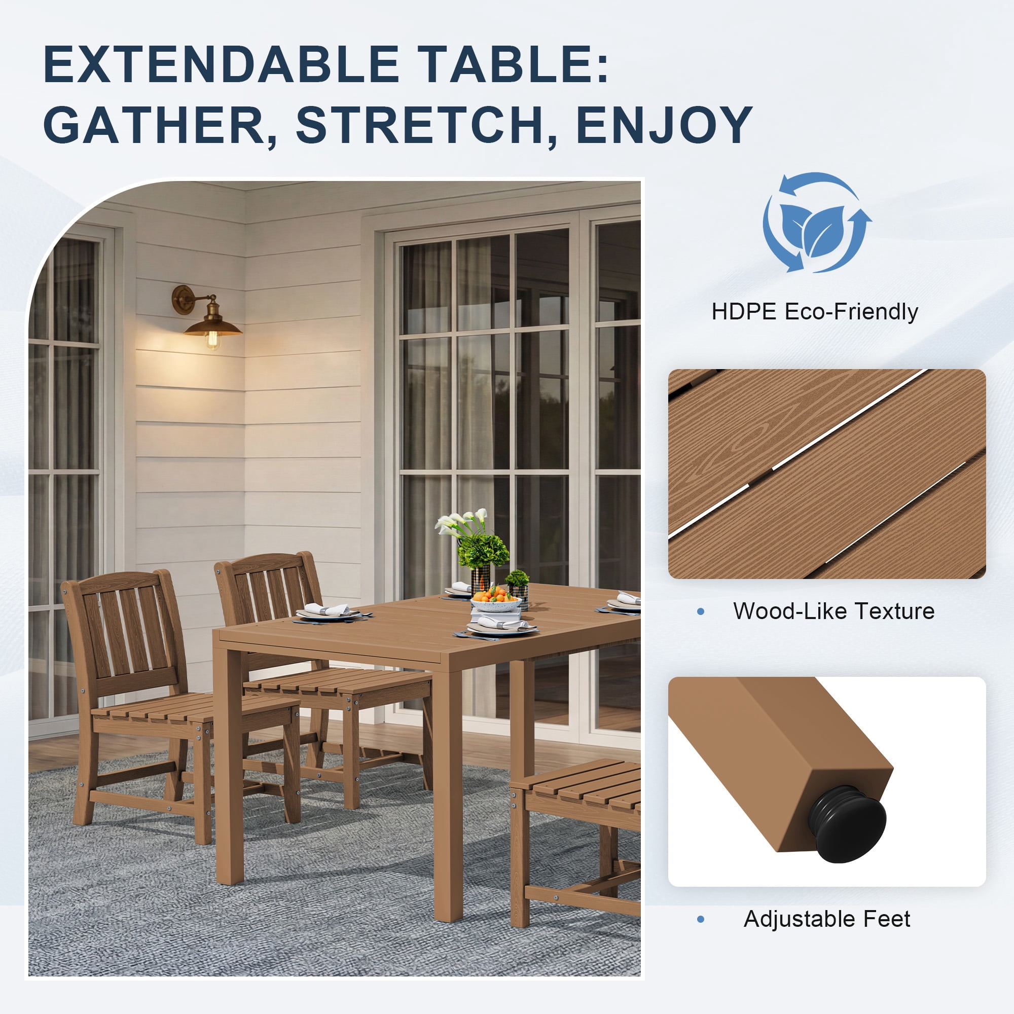 SERWALL 7-Piece Outdoor Dining Set with Expandable Patio Dining Table and 6 Chairs, 60–83 Inch All-Weather HDPE Patio Furniture Sets for Backyard, Garden, Deck, Poolside - Brown